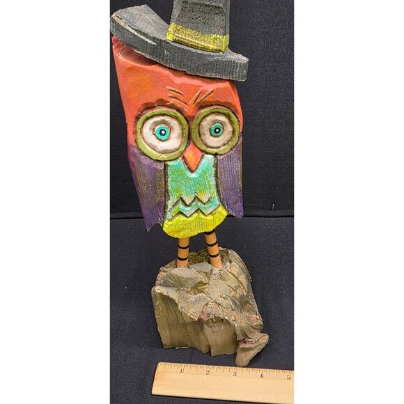 Primitive Folk Art Whimsy Creations Owl w Witches Hat Halloween Carving Figurine - Picture 8 of 9